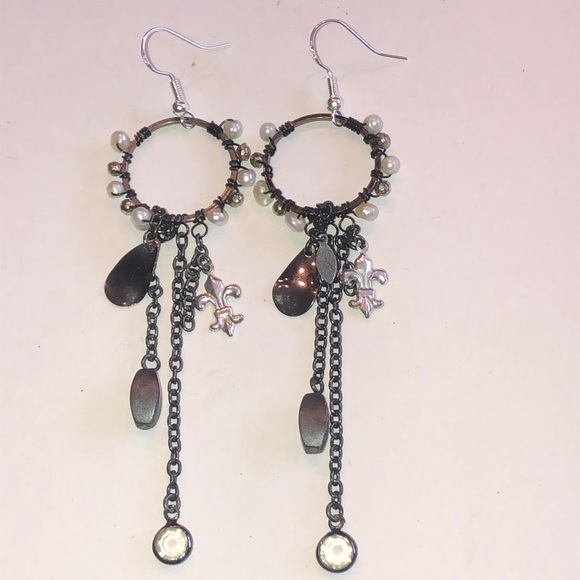 Elegant Silver Tone and Black Boho Dangle Earrings - Picture 2 of 5